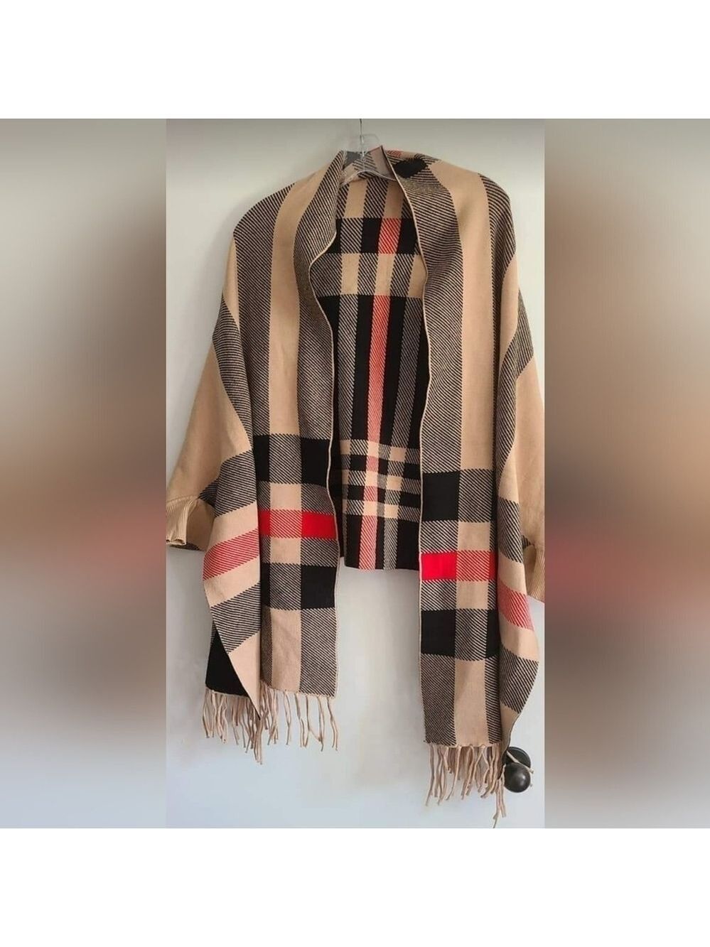 TRÏBE Barclay Camel Color Plaid Print Shawl With Sleeves NWT